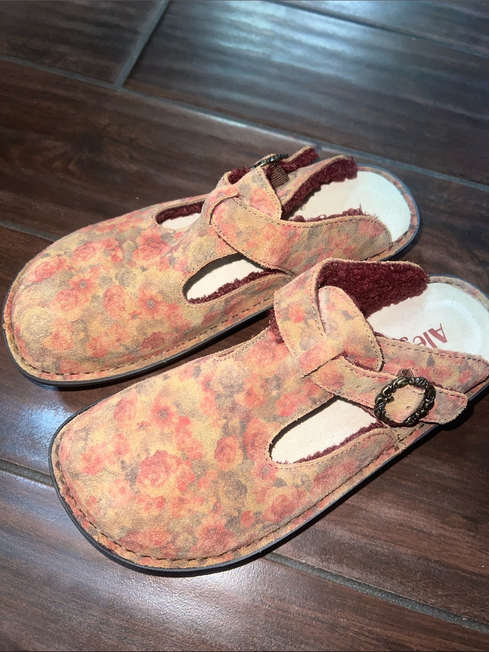 Alegria Floral Suede Clog Slides in Pink and Tan